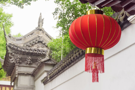Beautiful traditional Chinese red lantern on street at the Old City of Shanghai in China. Shanghai is a popular tourist destination of Asia.のeditorial素材