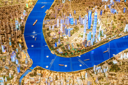 Shanghai, China - October 3, 2017: Top view of part of scale model of the city including famous...