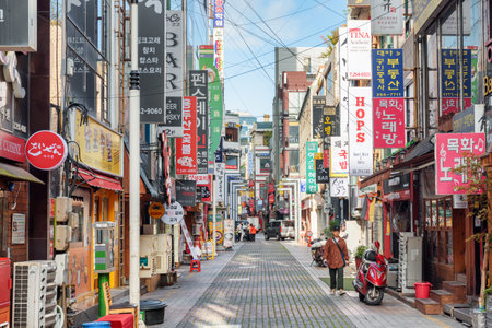 Busan, South Korea - October 7, 2017: Scenic morning view of narrow street. Gwangbokro Cultural and Fashion Street. Gwangbokro is a popular tourist destination of Asia.のeditorial素材