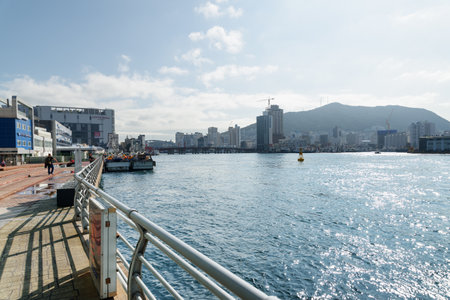 Busan, South Korea - October 7, 2017: Amazing view of Busan Harbor. The city is visible on blue sky background.のeditorial素材