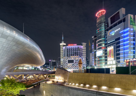 Seoul, South Korea - October 8, 2017: Amazing night view of downtown. The Dongdaemun Design Plaza...