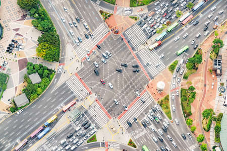 High angle view of road intersection at downtown of Seoul in South Korea.の写真素材
