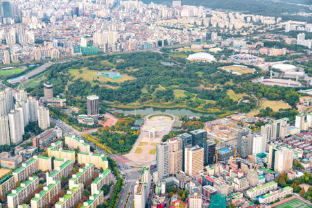 Top view of scenic park at residential area of Seoul in South Korea. Wonderful cityscape. Seoul is a...