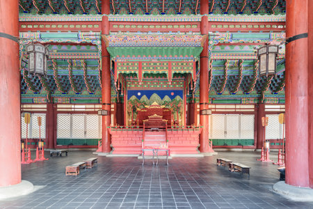 Seoul, South Korea - October 9, 2017: Beautiful Geunjeongjeon Throne Hall at Gyeongbokgung Palace. Seoul is a popular tourist destination of Asia.のeditorial素材