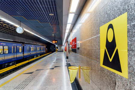 Tehran, Iran - 18 October, 2018: Blue train on Tajrish metro station. Women-only train carriage sign on the wall is visible at right.のeditorial素材