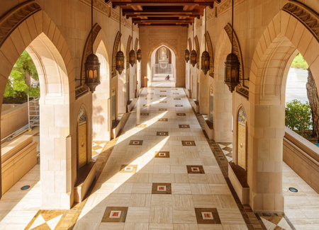 Muscat, Oman - 17 October, 2018: Amazing view of arched passageway at the Sultan Qaboos Grand Mosque. Wonderful interior of the Muslim place. Scenic Islamic architecture.のeditorial素材