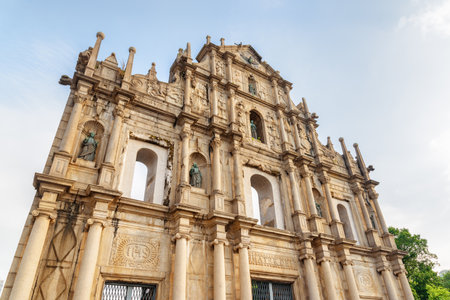 Macau - October 18, 2017: Gorgeous view of the Ruins of St. Paul's. Awesome old facade of the church. Macau is a popular tourist destination of Asia and leading casino market of the world.のeditorial素材