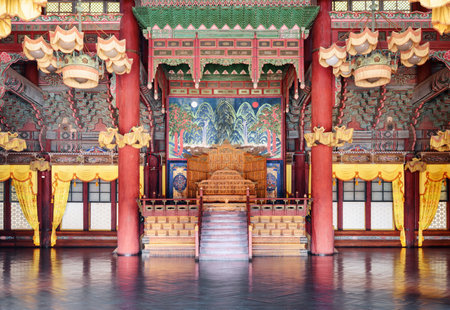 Seoul, South Korea - October 13, 2017: Beautiful interior of Injeongjeon Hall at Changdeokgung Palace. Wonderful wooden carved throne. Changdeokgung Palace is a popular tourist attraction of Asia.のeditorial素材