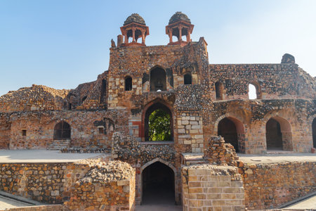 Awesome inside view of Humayun Gate of Purana Qila on blue sky background in Delhi, India. South Gate of the Old Fort. Delhi is a popular tourist destination of South Asia.のeditorial素材