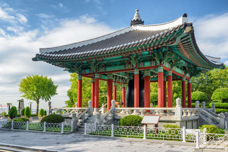 Amazing bell pavilion of traditional Korean architecture at Yongdusan Park of Busan, South Korea. Busan is a popular tourist destination of Asia.の写真素材