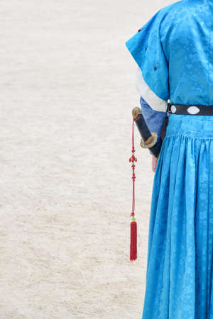 Royal guard wearing blue Jeonbok at courtyard of Gyeongbokgung Palace in Seoul, South Korea. Korean...