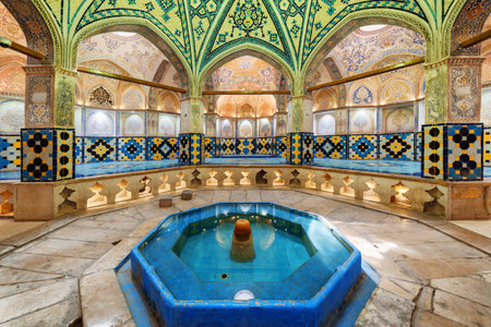 Kashan, Iran - 21 October, 2018: Beautiful view of octagonal dressing hall (sarbineh) with pool in the middle at Sultan Amir Ahmad Bathhouse. Cloakroom of traditional Persian public bathhouse.のeditorial素材