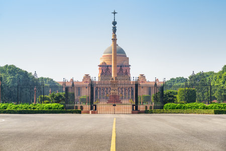 Amazing view of the main gate of Rashtrapati Bhavan and Jaipur Column in the courtyard of Presidential Residence in New Delhi, India. The official home of the President of India on blue sky backgroundのeditorial素材