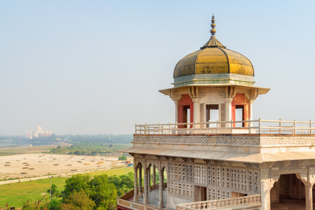 Awesome view of the Musamman Burj in the Agra Fort, India. The Taj Mahal is visible in background. The octagonal tower with dome is a popular tourist attraction of South Asia. Mughal architecture.のeditorial素材