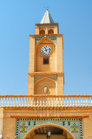 Isfahan, Iran - 24 October, 2018: Scenic view of clock tower at the Holy Savior Cathedral (Vank Cathedral) in the New Julfa district. Amazing architecture of the Armenian Apostolic Church.のeditorial素材