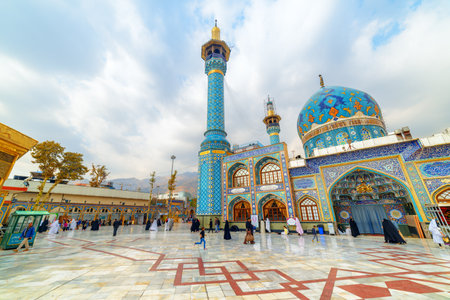 Tehran, Iran - 18 October, 2018: Wonderful side view of Imamzadeh Saleh at Shemiran district. The mosque is a popular Shia shrine in northern Tehran. Scenic courtyard of the Muslim place.のeditorial素材