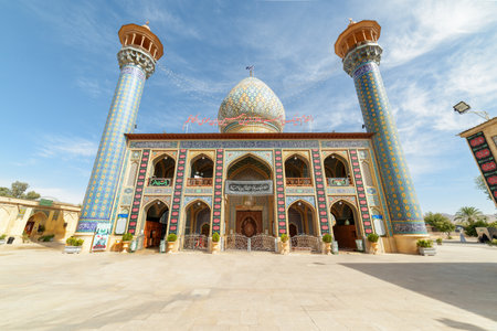 Shiraz, Iran - 29 October, 2018: Main view of the Sayyed Alaeddin Hossein Mosque and Mausoleum. Amazing Islamic architecture. Wonderful Persian exterior of the Muslim place.のeditorial素材
