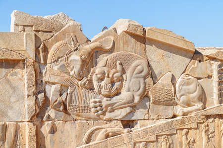 Bas-relief of a lion attacking a bull in Persepolis, Iran. Ancient Persian city. Persepolis is a popular tourist destination of the Middle East.の写真素材
