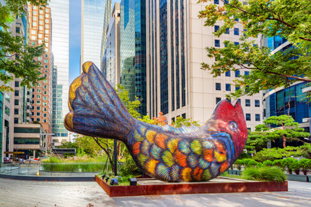 Seoul, South Korea - October 14, 2017: Awesome street art at Yeouido. Colorful fish sculpture among modern buildings. Yeoui Island is the main finance and investment banking district of Seoul.のeditorial素材