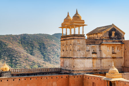 Scenic towers of the Amer Fort and Palace (Amber Fort) in Jaipur, Rajasthan, India. Awesome Rajput military hill architecture. Jaipur is a popular tourist destination of South Asia.のeditorial素材