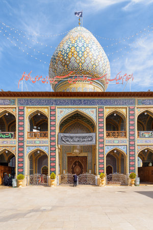 Shiraz, Iran - 29 October, 2018: Amazing view of the Sayyed Alaeddin Hossein Mosque and Mausoleum. Awesome Islamic architecture. Wonderful Persian exterior of the Muslim place.のeditorial素材