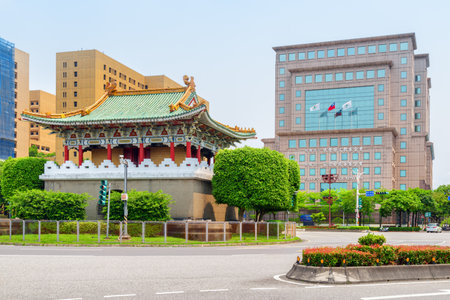 Taipei, Taiwan - April 23, 2019: Scenic colorful view of the East Gate and modern buildings. Traditional Chinese architecture. Awesome cityscape. Taipei is a popular tourist destination of Asia.のeditorial素材