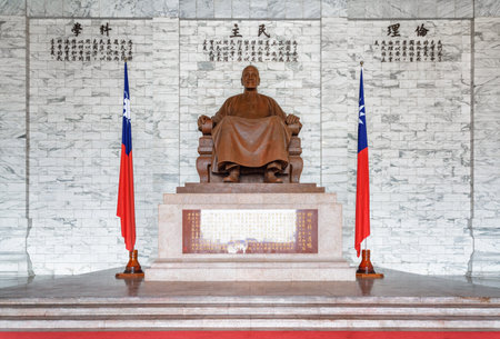 Taipei, Taiwan - April 23, 2019: View of statue of Chiang Kai-shek inside the main chamber of the National Chiang Kai-shek Memorial Hall. The memorial hall is a popular tourist destination of Asia.のeditorial素材