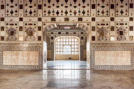 Jaipur, India - 12 November, 2018: Amazing interior view of the Sheesh Mahal (Mirror Palace) at the Amer Fort (Amber Fort) in Rajasthan. Jaipur is a popular tourist destination of South Asia.のeditorial素材