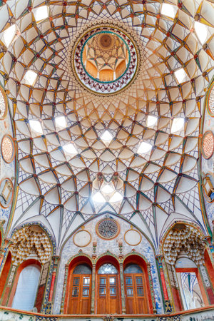 Kashan, Iran - 21 October, 2018: Awesome inside view of the main dome of the Borujerdi Historical House. Wonderful Persian architecture. Kashan is a popular tourist destination of the Middle East.のeditorial素材
