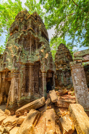 Mysterious ancient ruins of Ta Prohm temple among green woods in Angkor, Siem Reap, Cambodia. Ta...