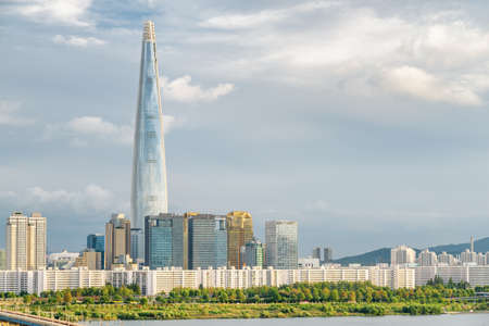 Wonderful skyscraper at downtown of Seoul in South Korea. Scenic modern tower is visible on cloudy...
