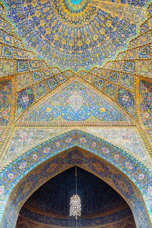 Isfahan, Iran - 24 October, 2018: Fabulous view of ceiling and walls covered with colorful mosaic and calligraphic inscriptions in Seyyed Mosque. Amazing Persian interior. Islamic architecture.のeditorial素材