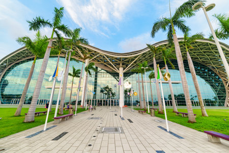 Kaohsiung, Taiwan - April 30, 2019: Amazing view of the Kaohsiung Exhibition Center from Singuang Riverside Park at downtown. Kaohsiung is a popular tourist destination of Asia.のeditorial素材