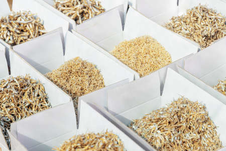 Small dried fish in boxes at fish market.