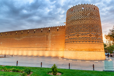 Beautiful evening view of the Karim Khan Citadel (Arg-e-Karim Khan) in Shiraz, Iran. Amazing Iranian architecture. The fortress is a popular tourist attraction of the Middle East.のeditorial素材