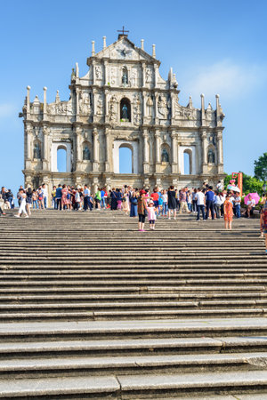 Macau - October 18, 2017: Beautiful view of the Ruins of St. Paul's on blue sky background. Macau is a popular tourist destination of Asia and leading casino market of the world.のeditorial素材