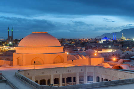 Awesome night view of dome and roof of Chahar Souq Bazaar in the historical city of Yazd, Iran. Unique Persian architecture. The ancient town is a popular tourist destination of the Middle East.の写真素材