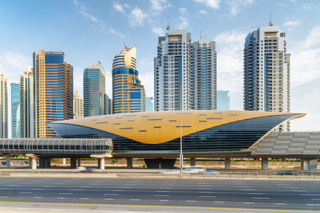 Awesome view of Damac Properties Station of the Dubai Metro, United Arab Emirates (UAE). Scenic...