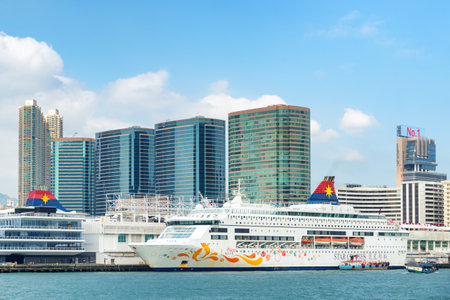 Hong Kong - October 20, 2017: Scenic view of cruise ship at Victoria Harbor. Hong Kong is a popular tourist destination of Asia.のeditorial素材