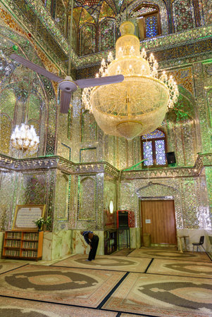 Shiraz, Iran - 29 October, 2018: View of prayer hall in Ali Ibn Hamzeh Holly Shrine. Ceiling and walls of the Muslim place covered with glass and mirror tiles. Shimmering mosaic. Persian interior.のeditorial素材