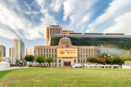 Seoul, South Korea - October 12, 2017: Wonderful view of the City Hall and public green space of Seoul Plaza. The City Hall is a governmental building and a popular tourist attraction of Asia.のeditorial素材