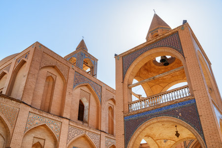 Isfahan, Iran - 24 October, 2018: Bottom view of bell tower at courtyard of the Holy Savior...