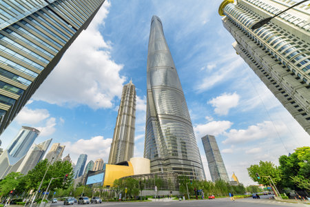 Shanghai, China - October 31, 2015: Awesome bottom view of the Shanghai Tower, the Jin Mao Tower and other skyscrapers of the Pudong New Area (Lujiazui). Shanghai is a global financial center in Asia.のeditorial素材
