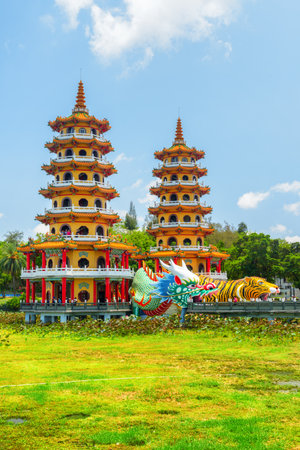 Kaohsiung, Taiwan - April 30, 2019: Beautiful view of the Dragon and Tiger Pagodas at Lotus Lake. The temple is a popular tourist attraction of Asia.のeditorial素材