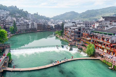 Fenghuang, China - September 23, 2017: Awesome aerial view of Phoenix Ancient Town and the Tuojiang River (Tuo Jiang River). Fenghuang is a popular tourist destination of Asia.のeditorial素材