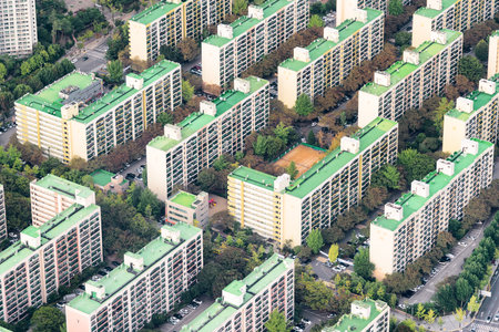 Scenic aerial view of modern residential buildings in Seoul, South Korea. Seoul is a popular tourist...