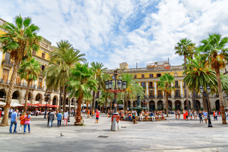 Barcelona, Spain - August 21, 2014: Scenic view of Placa Reial (Royal Plaza) in the Gothic Quarter....