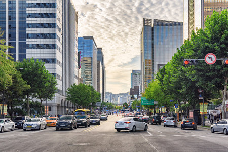 Seoul, South Korea - October 15, 2017: Scenic view of Saemunan-ro street at Jongno District of downtown. Day traffic. Seoul is a popular tourist destination of Asia.のeditorial素材