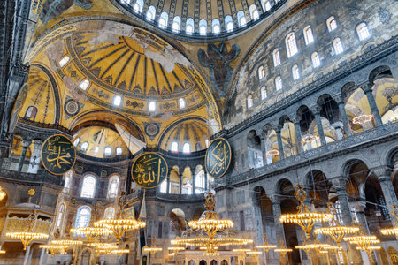 Istanbul, Turkey - September 14, 2021: Interior of the Hagia Sophia. The Grand Mosque and formerly the Church is a popular destination among pilgrims and tourists of Istanbul.のeditorial素材