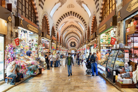 Istanbul, Turkey - September 15, 2021: Interior of the Grand Bazaar (Egyptian Bazaar). The historical market is a popular tourist destination and one of the largest and oldest markets.のeditorial素材